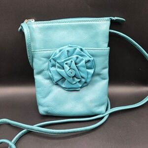ILI New York Teal Genuine Leather Rosette Flower Crossbody Bag Leopard Lining